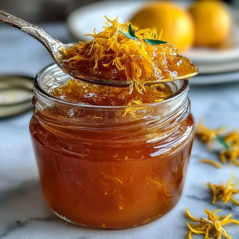 Bright, golden dandelion jelly with fresh lemon and honey, perfect for spreading on warm toast or biscuits.