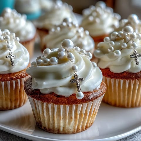 Elegant mini cupcakes with buttercream and fondant rosary toppers, perfect for a First Communion celebration.