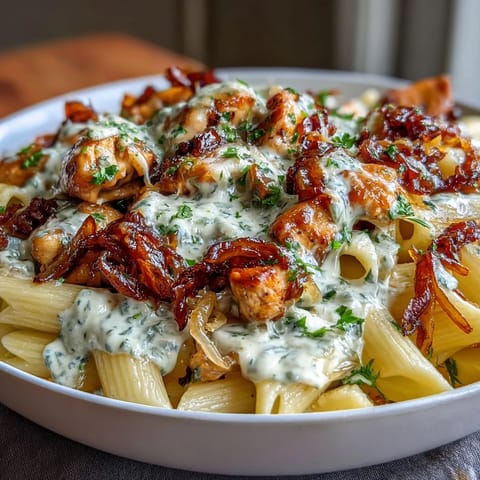Creamy One-Pot French Onion Chicken Pasta with golden caramelized onions and melted Gruyère cheese.