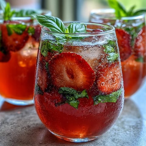 A vibrant pitcher of strawberry basil lemonade mocktail with fresh basil and lemon slices.
