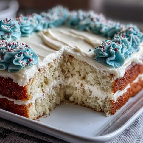 Fluffy vanilla sheet cake with creamy vanilla buttercream, decorated with festive graduation-themed sprinkles. Perfect for celebrating Class of 2026 milestones.