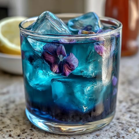 Vibrant butterfly pea flower lemonade with a magical color change from blue to purple, served over ice with fresh lemon slices.