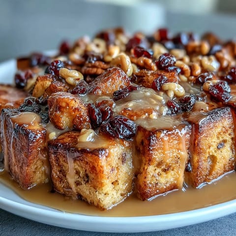 A warm slice of Capirotada Mexicana, the traditional Mexican bread pudding, with golden toasted bread, nuts, and melted cheese in a rich piloncillo syrup.