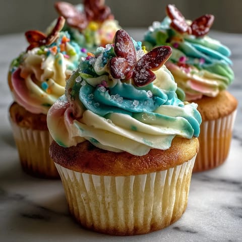 Delicate vanilla cupcakes adorned with pastel buttercream and edible butterfly decorations for a spring celebration.