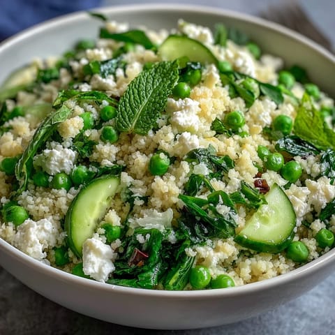 Spring Pea and Mint Couscous Salad with vibrant green peas, fluffy couscous, and fresh mint, drizzled with lemon dressing and garnished with feta.