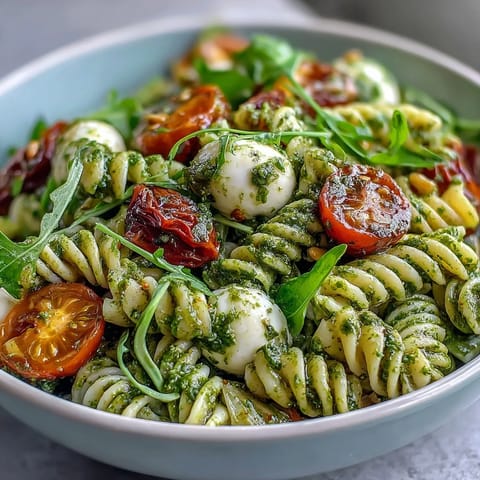 Vibrant summer pasta salad with pesto, cherry tomatoes, and mozzarella, served in a white bowl with fresh basil leaves scattered on top.