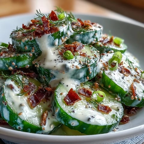 Creamy cucumber salad tossed with tangy yogurt dressing and crunchy everything bagel seasoning, garnished with green onions.