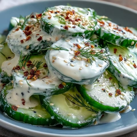 TikTok Cucumber Salad with Everything Bagel Dressing in a white bowl, topped with fresh dill and seasoning.