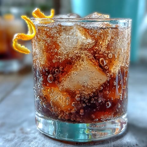 A tall glass filled with cold brew coffee and tonic water, garnished with fresh orange zest for a bright, citrusy aroma.