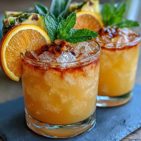 Tropical Sunrise Mocktail with Passionfruit and Orange in a tall glass, garnished with orange slice and mint, showing vibrant sunrise layers of fruit juices.