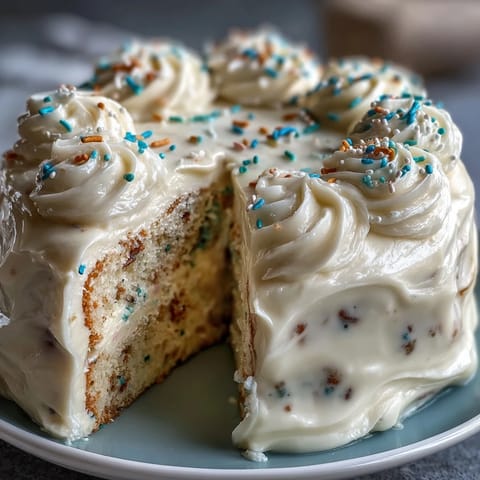 Colorful funfetti cake with creamy dip filling and rainbow sprinkles, perfect for spring birthday parties.