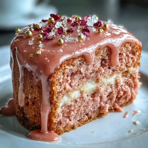Glistening gold drip adorns this soft Rosé Velvet Cake perfect for celebrations.