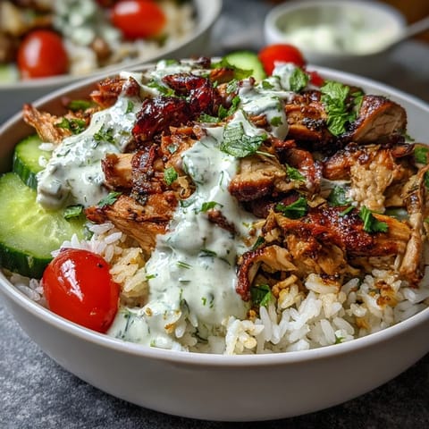 Delicious spiced chicken shawarma bowl, topped with fresh vegetables and tahini.
