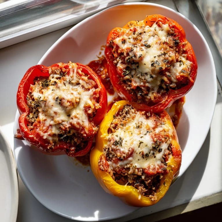 Hearty Mediterranean Stuffed Bell Peppers with red and yellow peppers, stuffed with seasoned meat and rice, ready to serve for dinner.