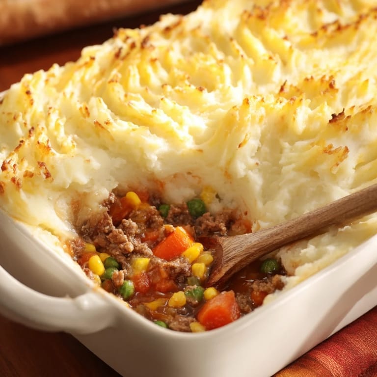 Shepherd's Pie reveals bubbling meat filling with peas and carrots under fork-marked potatoes.