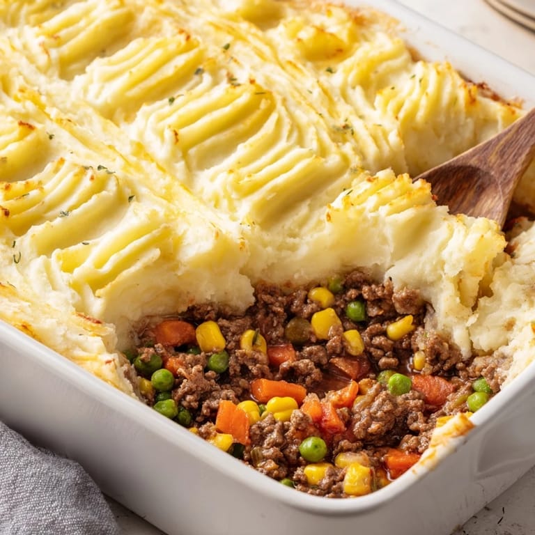 Freshly baked Shepherd's Pie topped with melted cheddar, ready to serve for dinner.
