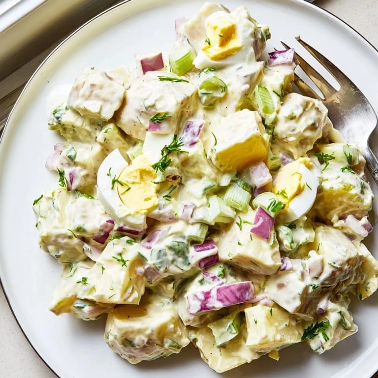 Classic picnic potato salad served in a white bowl, ready for a backyard barbecue.