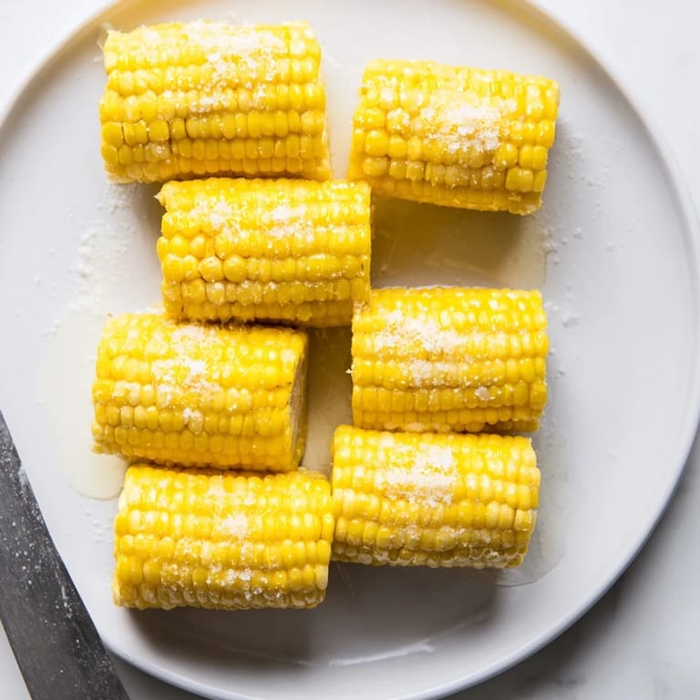 Golden grilled corn on the cob with charred kernels, brushed with creamy butter and dusted with salt, ready to enjoy outdoors.