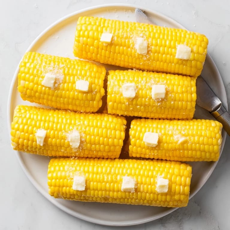 Sweet summer corn on the cob served with softened butter and sea salt, perfect for a classic American barbecue side dish.