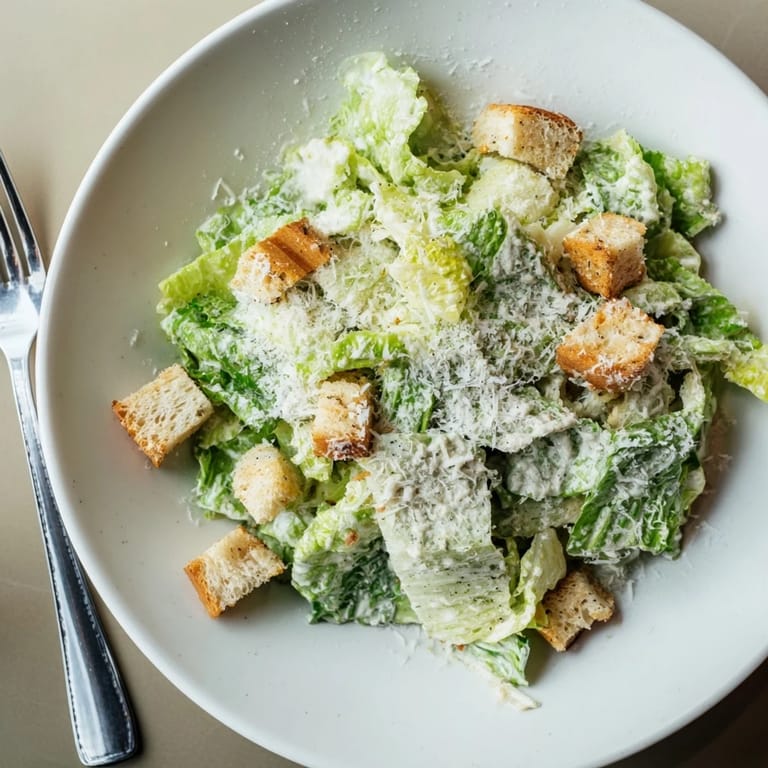 Freshly tossed Caesar Salad featuring vibrant green romaine hearts, golden croutons, and a rich, creamy Parmesan dressing for a satisfying crunch.