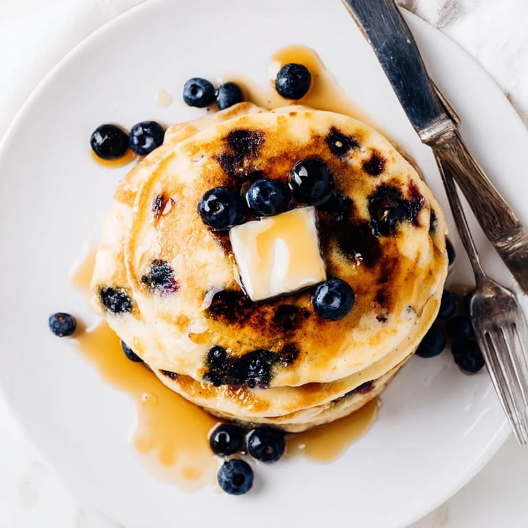 Plate of fluffy Blueberry Pancakes with juicy blueberries, served with sweet syrup for a classic morning meal.
