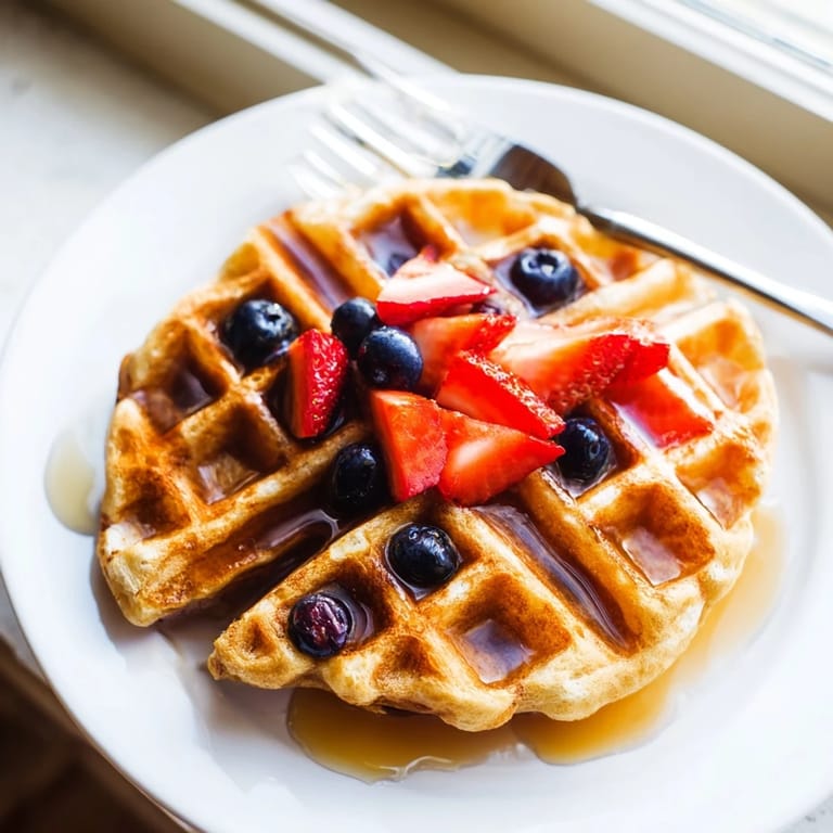 A golden-brown Waffle shows its fluffy interior, ready to be drizzled with sweet syrup.