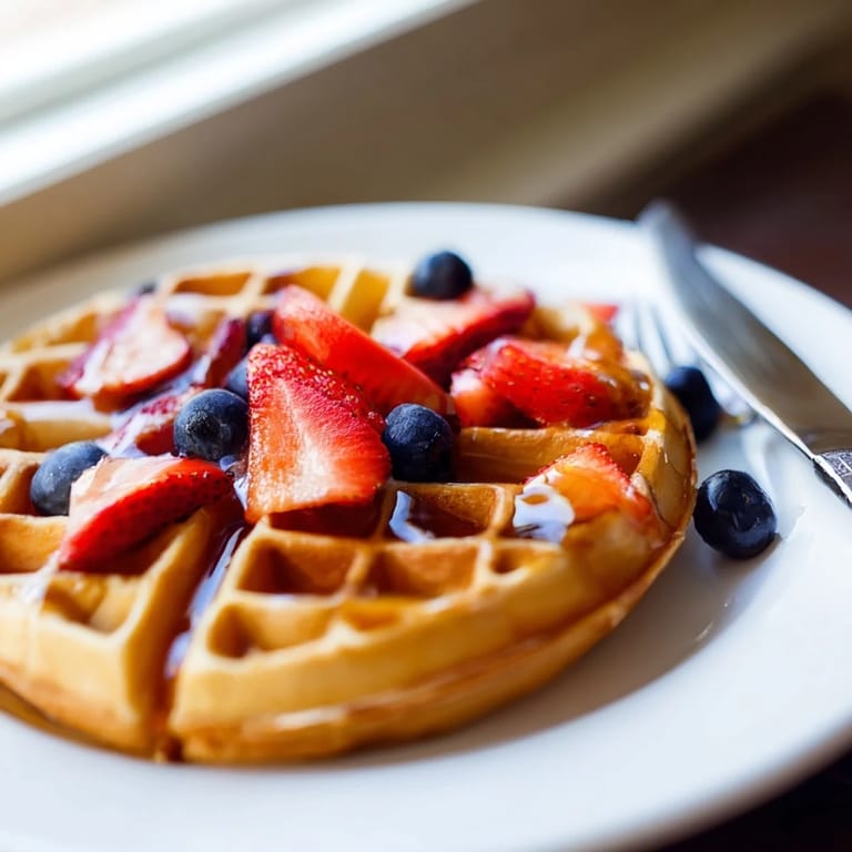 Thick, fluffy Waffles overflow the plate, topped with fresh berries and a dollop of whipped cream.