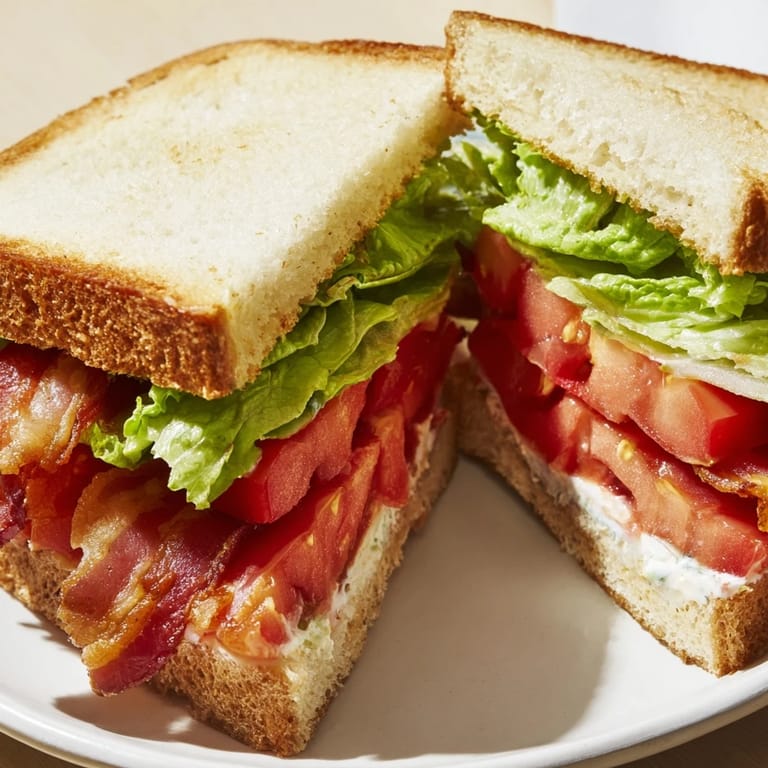 Sizzling, freshly cooked bacon rests on toasted bread with vibrant lettuce and ripe tomato slices for a hearty BLT Sandwich.