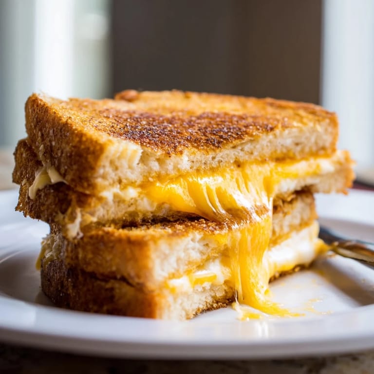 Buttery grilled cheese sandwich cut diagonally, revealing gooey melted cheese pull, served beside a few crunchy potato chips.