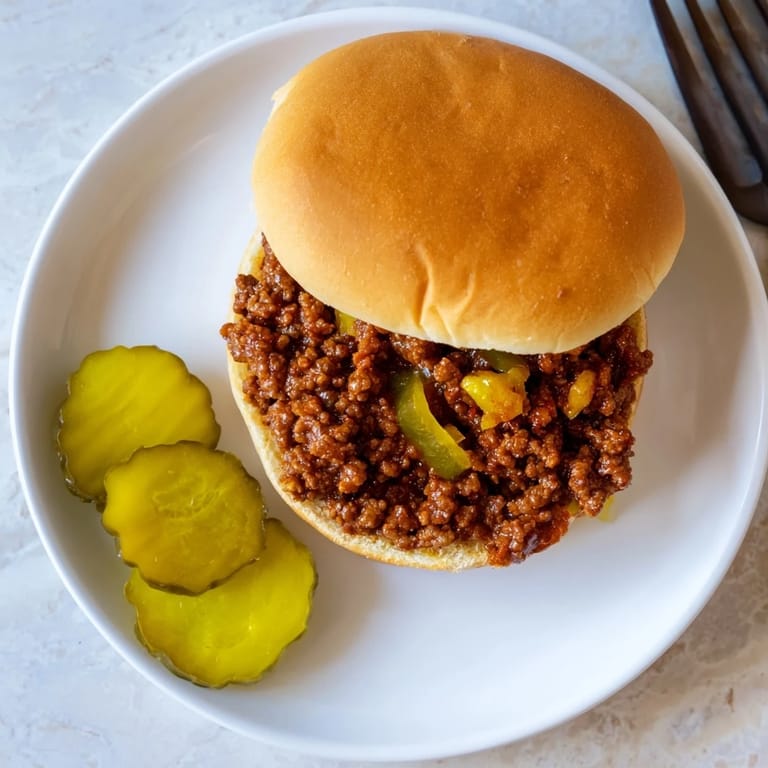 Family-style plate of Sloppy Joes with steam rising from beef, onions, and peppers on toasted buns.