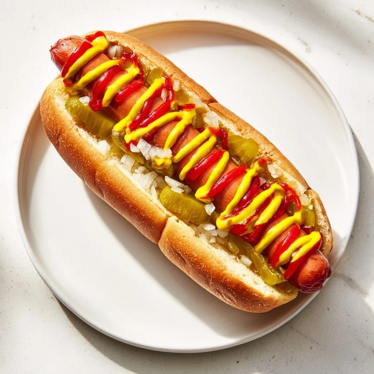 Stack of Hot Dogs loaded with sweet pickle relish and onions, ready to serve at a summer barbecue with potato chips.