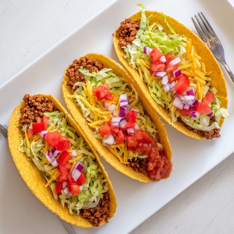 Crackling shells of American-Style Tacos topped with melty cheese and diced tomatoes, ready for a family dinner.