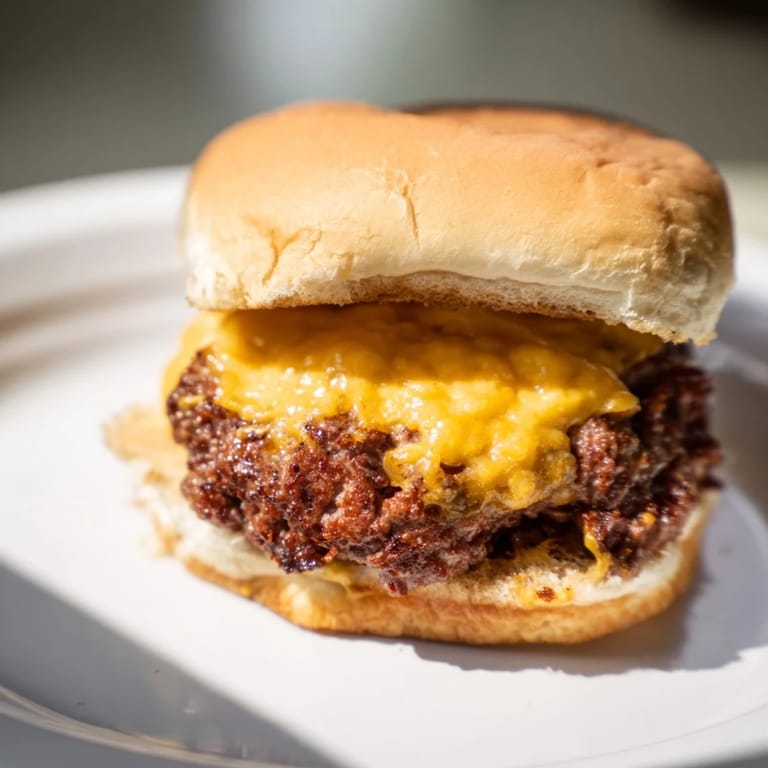 Freshly assembled Hamburgers with grilled onions, pickles, and juicy patties on soft buns for a family barbecue.
