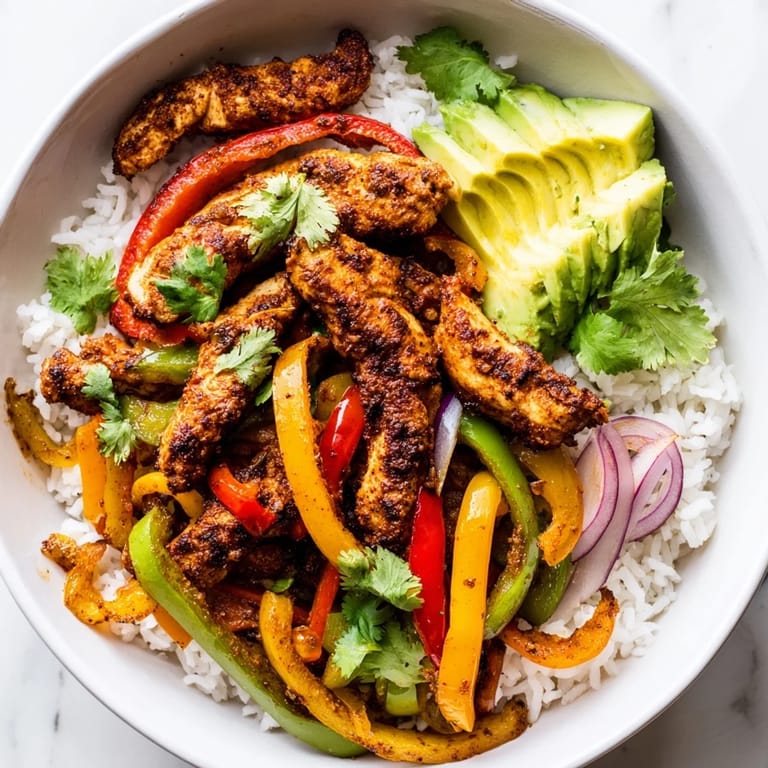A savory Chicken Fajita Bowl topped with melted cheese, creamy avocado, and fresh cilantro ready to be enjoyed.