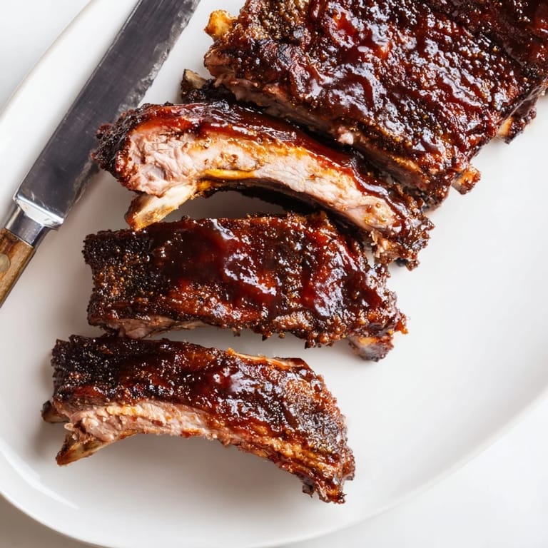 Golden, caramelized BBQ Ribs served on a platter with extra sauce for dipping.