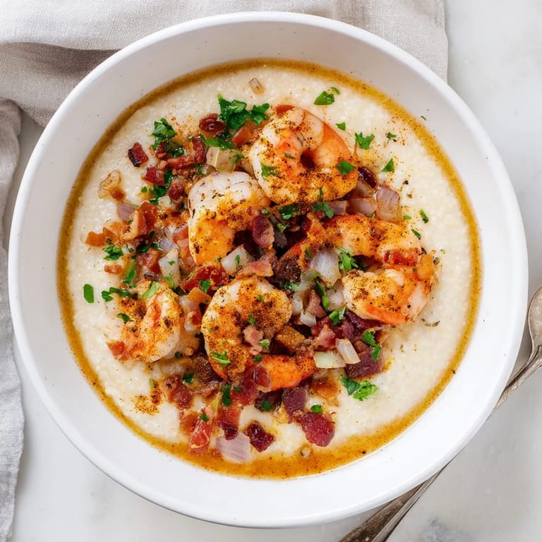 A hearty bowl of Shrimp and Grits features tender shrimp over cheesy grits, garnished with fresh parsley and a lemon wedge.