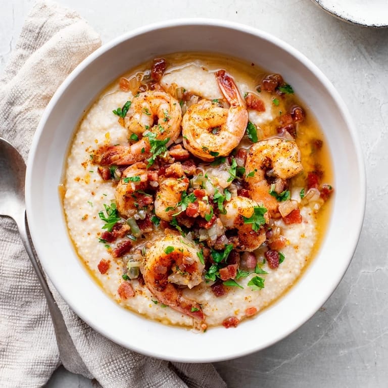 Savory Shrimp and Grits served bubbling hot in a rustic bowl, showcasing succulent shrimp and vegetables spooned over creamy grits.