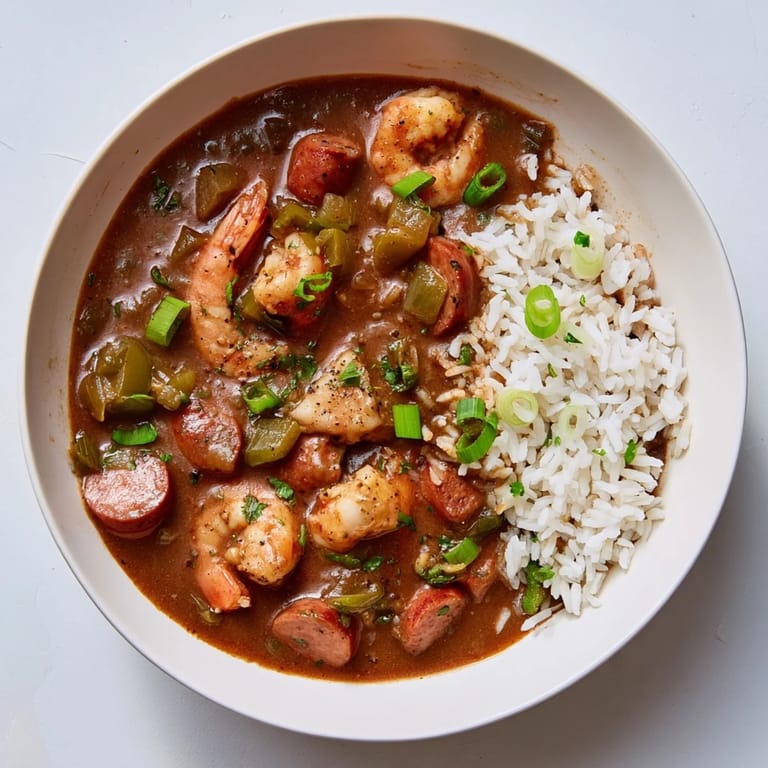 Spicy Louisiana gumbo with shrimp, sausage, and chicken in a rich, dark roux broth, garnished with green onions.