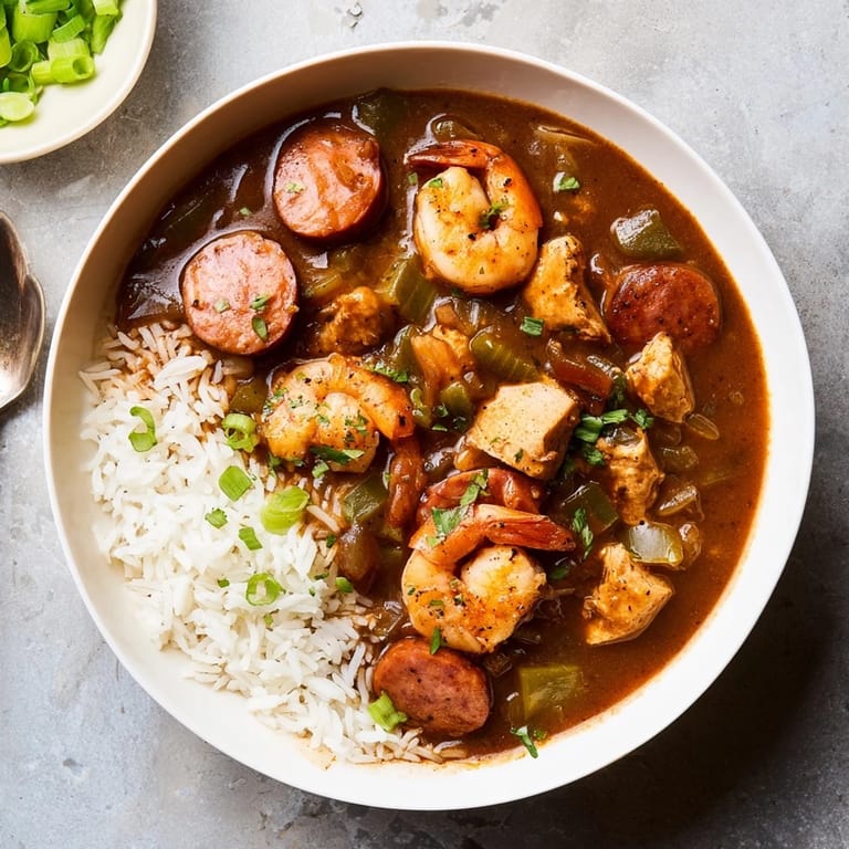 Hearty homemade gumbo simmering in a Dutch oven, with the holy trinity of vegetables and steaming rice on the side.