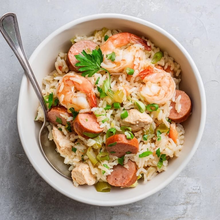 Close-up of Jambalaya revealing plump shrimp, tender chicken, and colorful vegetables.