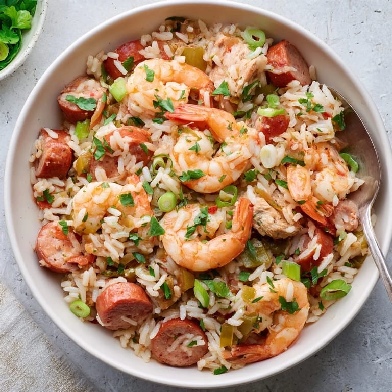 Forkful of spicy Jambalaya featuring shrimp, sausage, and fluffy rice in a skillet.