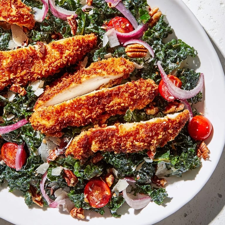 Crispy Chicken Kale Salad served fresh, featuring juicy chicken, massaged kale, and a sweet-and-tangy maple dressing for a hearty meal.