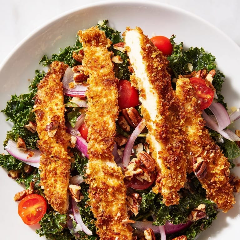 A close-up view of Crispy Chicken Kale Salad, highlighting golden-brown chicken cutlets, fresh greens, and red onion slices on a rustic plate.