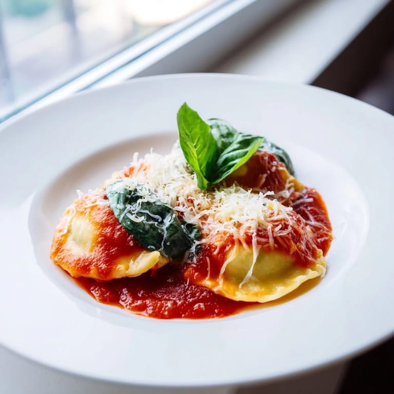 Perfectly sealed ravioli filled with creamy ricotta and spinach, served hot with rich marinara sauce.