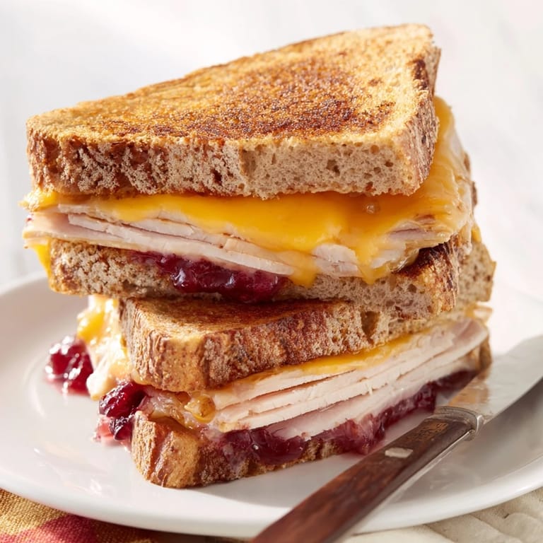 Served hot on a rustic wooden cutting board beside a small bowl of tomato soup.