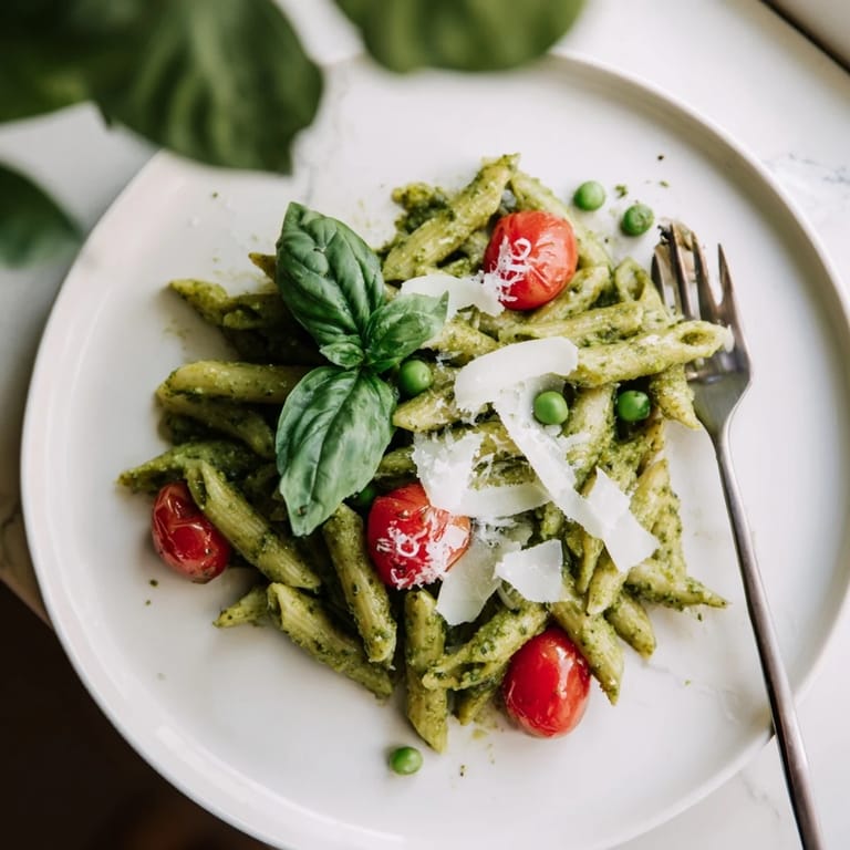 Colorful serving of Green Pesto Pasta Salad with al dente pasta, sweet peas, and juicy tomatoes tossed in aromatic pesto.