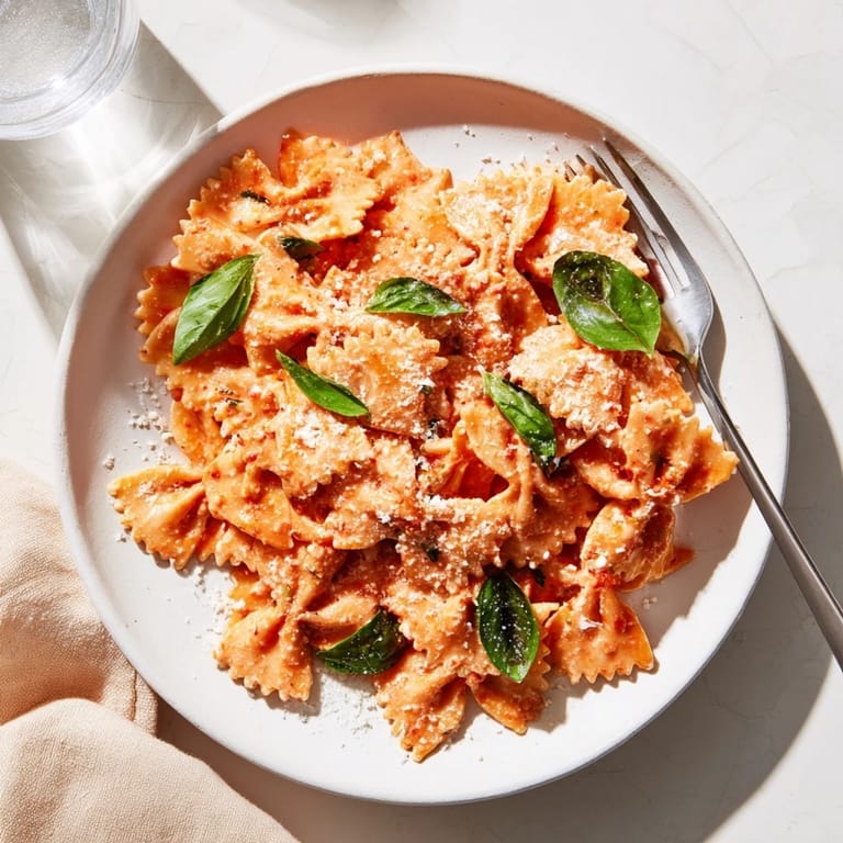Comforting weeknight tomato basil bowtie pasta, garnished with extra Parmesan and red pepper flakes next to a glass of wine.