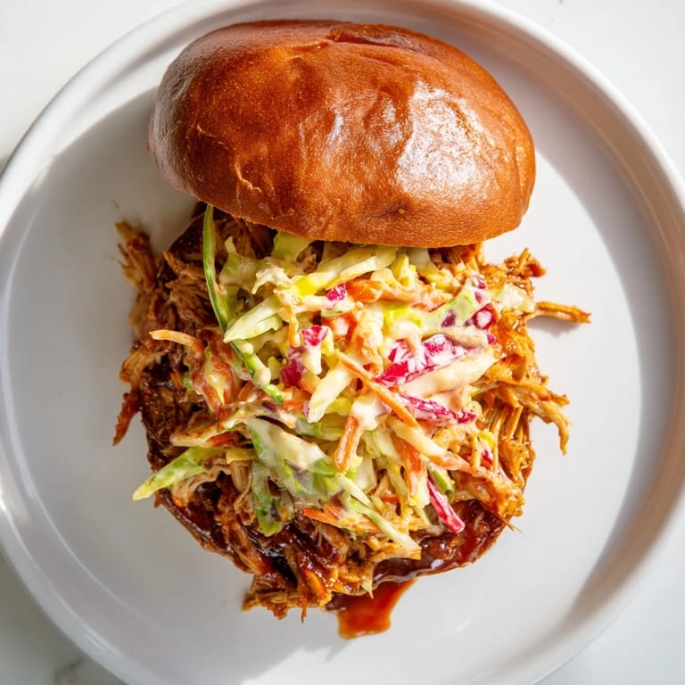 Steaming pulled barbecue chicken, shredded and sauced, heaped high on a fluffy brioche bun with a generous topping of crunchy slaw.