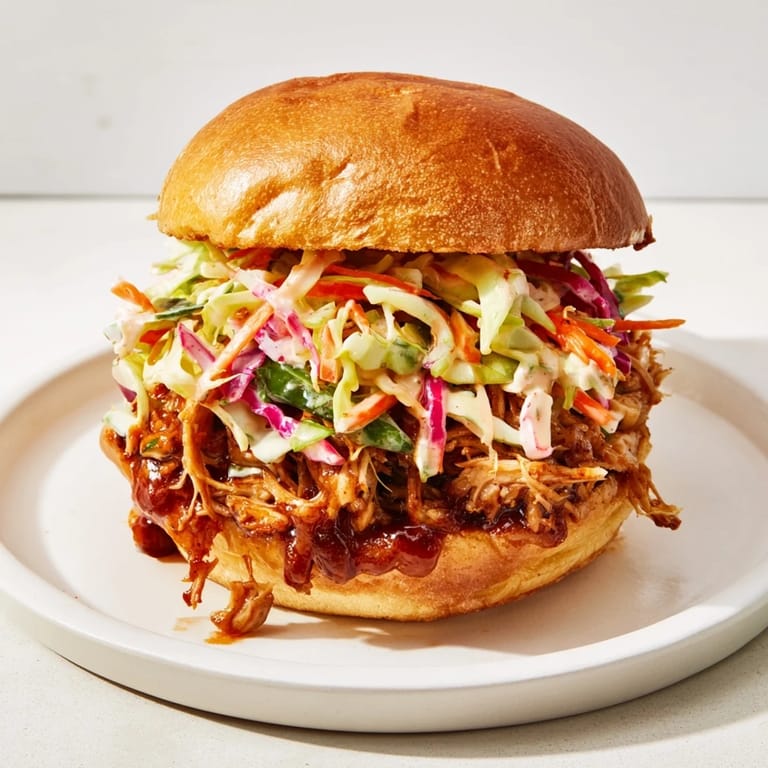 Tender pulled barbecue chicken rests on a soft brioche bun, layered with creamy tangy slaw and served beside a bowl of slaw.