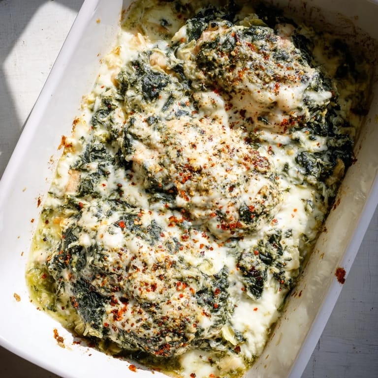 A close-up of Spinach & Artichoke Chicken Bake, showing tender chicken under a golden, bubbly cheese and spinach topping.
